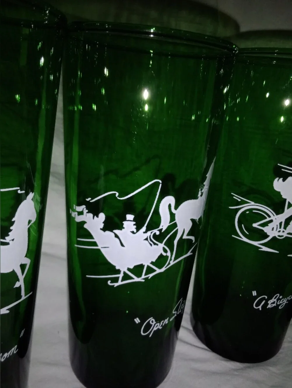 Mid Century MCM Tumbler Collins Drink Glasses Gay Nineties Transportation Design
